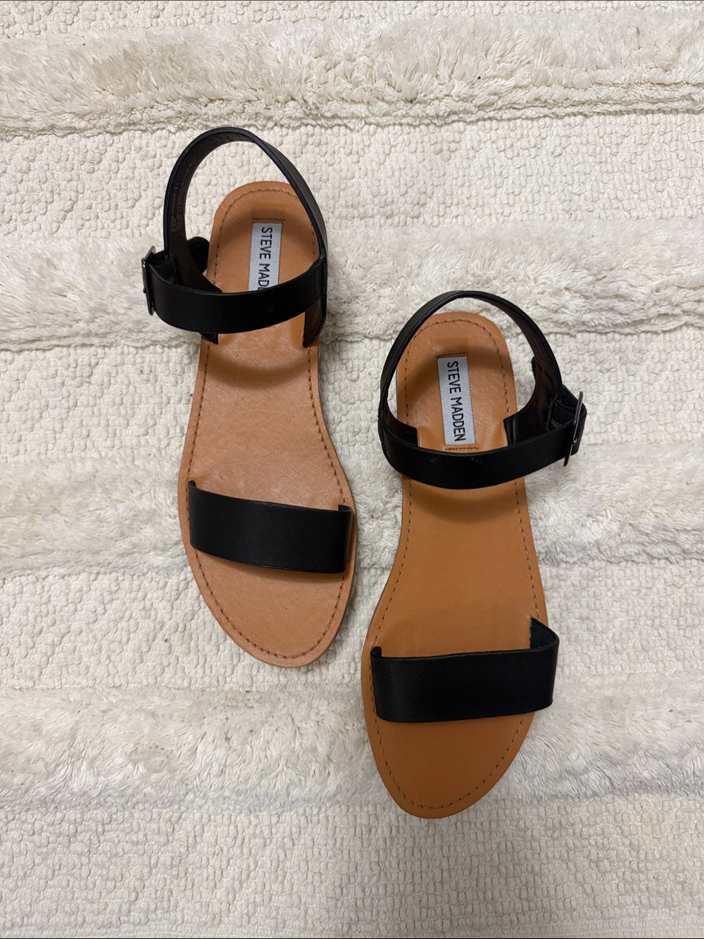 Steve Madden Black and Tan Two-Strap Women's Sandals